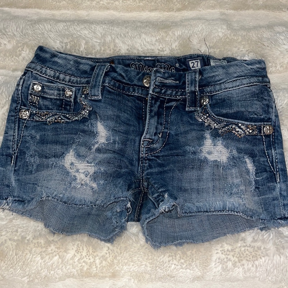 Miss me blue jean shorts with coral and diamond rhinestones on the pockets